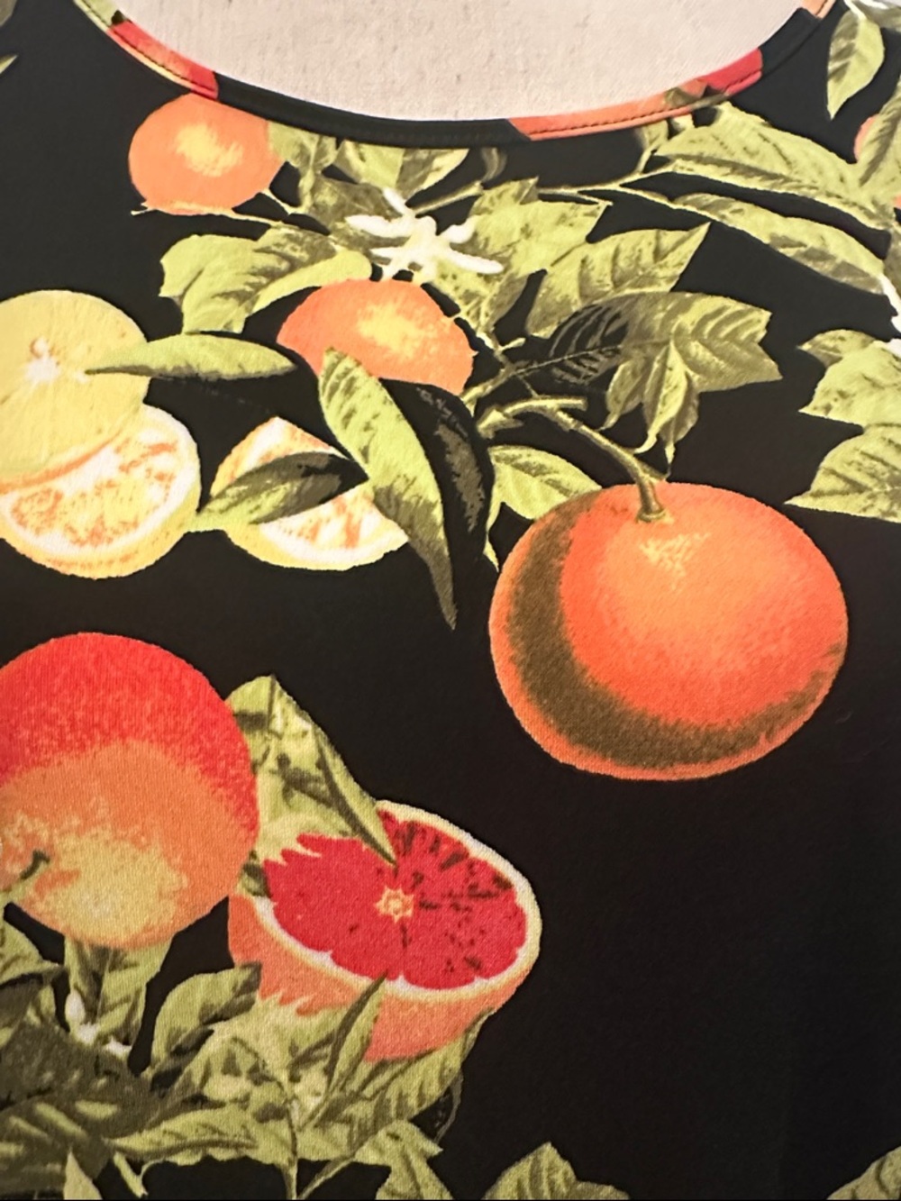 Joseph Ribkoff Black Citrus-Print Tunic Orange & Green Botanical Mesh Sleeves - Picture 4 of 8